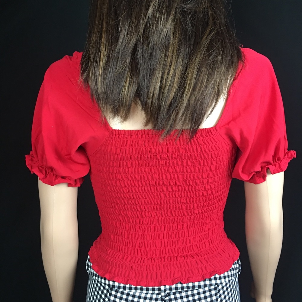 Red Ruffled Square Neck Puff Sleeve Top - Picture 7 of 9